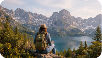 Traveler sitting near mountain lake